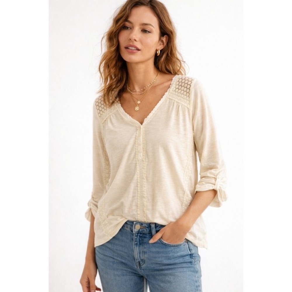 Meadow Rue Anthropologie Ivory Crochet Lace Henley Blouse‎ Top Womens M
